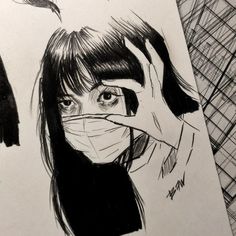 a drawing of a woman covering her face with a mask and looking at the camera