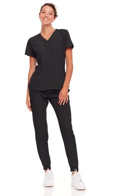 PRICES MAY VARY. Lightweight and Breathable: The cool stretch material is designed to keep you cool and comfortable throughout the work day. Super Soft, Stretchy, Wrinkle resistant Easy Care Fabric for all day comfort. TOP: Short sleeve, V-neck, 4 Pockets including hidden cell phone pocket, Double-needle stitching at seams, side vents. Perforated front and back Air-Flow panels to keep you cool and fresh throughout the day. Pant: Mid-rise Jogger, Double Elastic Waistband with Drawstring, Knit Ank Black Scrubs Outfit Aesthetic, Black Jogger Scrubs Outfit, Black Nurse Scrubs Outfits, Black Scrubs Aesthetic Girl, Black Scrubs Uniform For Women, High Wasted Jeans, Jogger Pants Style, Cute Scrubs, Black Scrubs