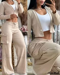 Olivia Mark - Conjunto de dos piezas: Crop Top con bolsillos abotonados y pantalones con cordones Button Crop Top, Traje Casual, Casual Suit, Drawstring Pants, Pocket Design, Clothing Patterns, Two Pieces, Fashion Pants, Suits For Women