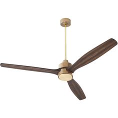 a ceiling fan with two wooden blades and a light on the top one is turned off