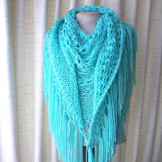 Hand Knit USA: Shawl Triangle Scarf in SOFT 100% Acrylic yarn. Lovely Bright color of BLUE Mint! WOW! ~ ELEGANT ~ WARM ~ BEAUTIFUL ~ ROMANTIC ~ Will make a Great present! This scarf / shawl has it all: * Great for accessorizing any outfit making you look elegant, chic, boho, trendy, urban ... * Versatile style and very comfortable to wear for Any Season! Wear it around your neck as a scarf or shawl or waist at the beach the choice is yours! * Only The Best quality yarn was used for this creation Blue Crochet Knit Knitting Pattern, Blue Crochet Yarn Shawl, Blue Crochet Shawl One Size, Hand Knitted Blue Shawl One Size, Hand Knit Shawl, Fringe Shawl, Bridal Shawl, Blue Sea Glass, Triangle Scarf