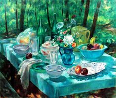 a painting of a blue table with plates and bowls on it in front of trees