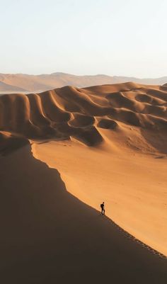 a person standing in the middle of a desert with sand dunes and mountains in the background