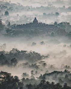 the fog is covering the trees and hills in the distance, with a small building on top