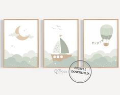 three prints with hot air balloons and a boat in the sky