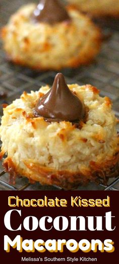 chocolate - kissed coconut macaroons on a cooling rack with the title above it