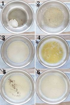 four pictures showing how to make the batter in a mixing bowl with eggs and sugar