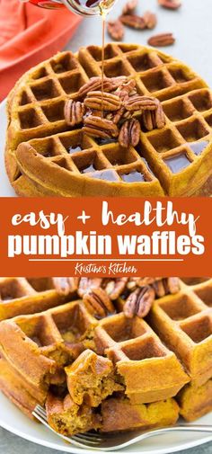 pumpkin waffles with maple syrup being drizzled over them on a white plate