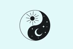 the yin symbol is shown in black on a light blue background with stars and sun