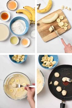 four pictures showing how to make banana bread with butter and other ingredients for the recipe