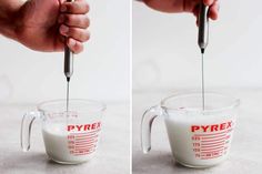 two pictures of someone using a measuring cup to make yogurt