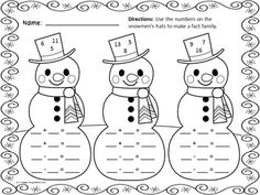 snowman addition worksheet with three different numbers