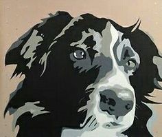 a painting of a black and white dog