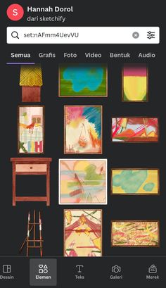 an iphone screenshot showing different paintings on the wall and below it is a small wooden table