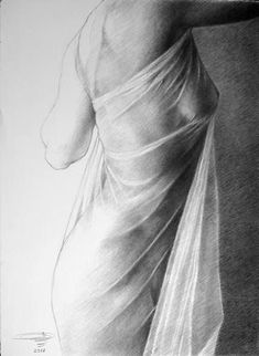 a pencil drawing of a woman's back in a white dress with her hands on her hips