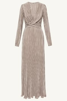 Indulge in the splendor of the Samara Satin Plisse Wrap Waist Maxi Dress in Taupe. This luxurious dress features an elegant plisse satin fabric, artfully pleated wrap waist, and a feminine ruffle hem. Elevate your style with this exquisite piece. Model is 5'7" and is wearing size XS/58". Luxury Flowy Midi Dress With Gathered Sleeves, Luxury Modal Satin Maxi Dress With Satin Finish, Luxury Chic Silk Crepe Maxi Dress, Luxury Crepe Midi Dress With Maxi Length, Luxury Viscose Dresses With Pleated Sleeves, Luxury Satin Midi Dress For Daywear, Luxury Silk Crepe Maxi Dress For Formal Occasions, Luxury Pleated Midi Dress For Dinner, Luxury Satin Maxi Dress For Spring