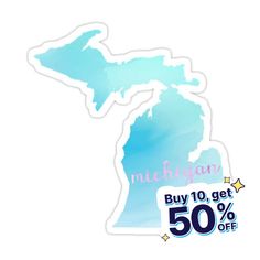 the michigan sticker is shown in blue and white with an image of michigan on it