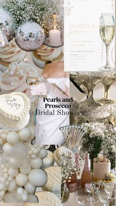 a collage of photos with champagne, pearls and wedding cake on it's table