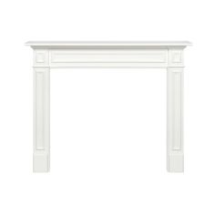 a white fireplace mantel with an ornate design on the top and bottom, against a white background