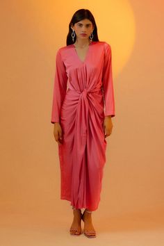 Pink full sleeve draped dress with V neckline. - Aza Fashions Pink Maxi, Fashion App, Draped Dress, Pink Satin, Dress For Women, Aza Fashion, Full Sleeve, Pink Dress, Dresses Online