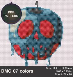 a cross stitch pattern with the image of a blue and red skull on it's face