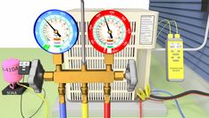 two gauges are connected to an air conditioner with thermometers on it