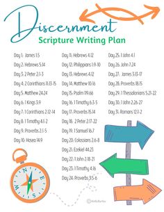 a poster with an arrow pointing to different directions and the words, discernment scripture writing plan