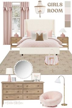 a bedroom with pink furniture and accessories