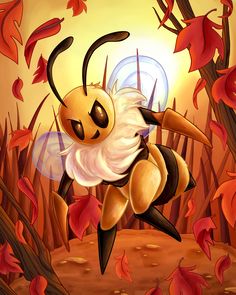 an illustration of a bee flying in the air with leaves all around him and eyes closed