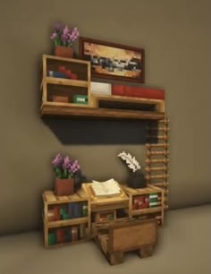 a computer desk with bookshelves and shelves on the wall in an empty room