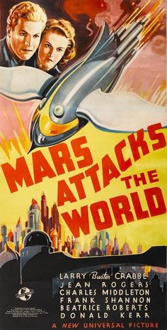 a movie poster for mars attacks the world with an image of two men in space suits