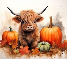 a painting of a cow surrounded by pumpkins