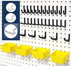 a pegboard with hooks and bins on it