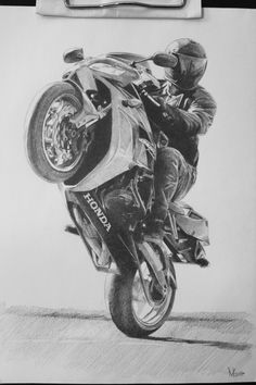 a pencil drawing of a person on a motorcycle doing a wheelie in the air