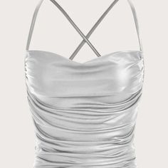 Metallic Silver Tank Top - Spaghetti Straps - Criss Cross Back - Sexy Open Back Crop Top - Draped Neckline - Ruched - Cami Top - Party Top Silver Tops For Women, Silver Top Outfit Metallic, Silver Outfit Party, Silver Outfits For Women, Top Brillo, Silver Shirts, Sparkly Clothes, Glitter Clothes, Silver Clothes