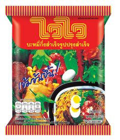 a bag of food with noodles and eggs on it's side, in thai language