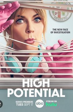 the poster for high potential shows a woman with headphones and pink gloves on her face