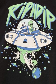 a black shirt with an image of aliens riding on top of a flying saucer