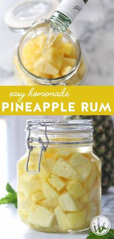 pineapple rum in a mason jar with text overlay that reads easy homemade pineapple rum