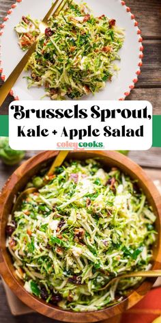 broccoli sprout, kale and apple salad in a wooden bowl