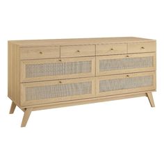 a large wooden dresser with wicker drawers