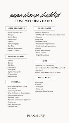 a wedding checklist is shown in black and white with the words, name change checklist post - wedding to do