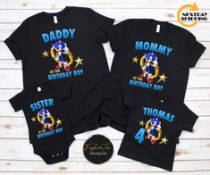 Sonic Family Birthday Shirts, Birthday Boy sonic shirts, Sonic Family Party Shirt Etsy Shop ----> https://www.etsy.com/shop/FashionTeeDesignUS We custom design, print, and hand press, and carefully ship everything you see in our shop. All of our items are printed on quality apparel. It feels soft and lightweight, with the right amount of stretch. It's comfortable and flattering for Women, Men, and babies.  👕 Unisex/Toddler/Youth/Women V-Neck/Women Tank Top 📌 4.2 oz./yd², 60% cotton and 40% Pol Sonic Birthday Shirt Ideas, Sonic Bday Shirt, Sonic Hedgehog Birthday Shirts, Birthday Boy And Family Shirts, Sonic Birthday Family Shirts, Sonic Tshirt Ideas, Family Matching Birthday T-shirt With Sublimation Print, 5th Birthday Boys, Sonic Birthday Parties