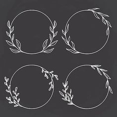 four circular frames with leaves and branches drawn in chalk