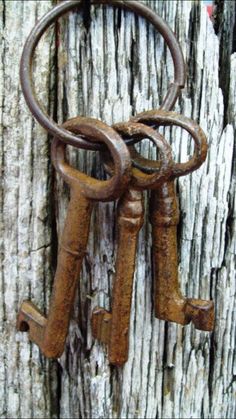 three old rusty keys are hanging from a wooden door handle on an old, weathered piece of wood