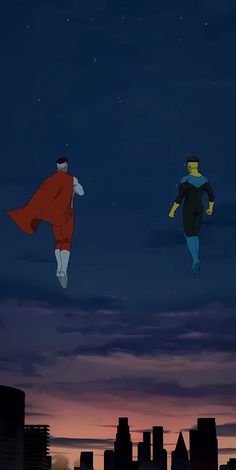 two superheros flying in the sky at night with city lights and buildings behind them