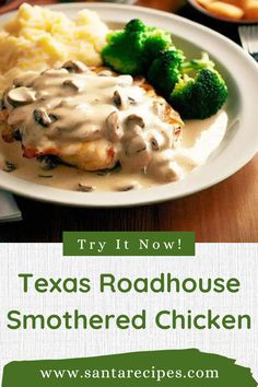 a white plate topped with chicken covered in gravy next to broccoli