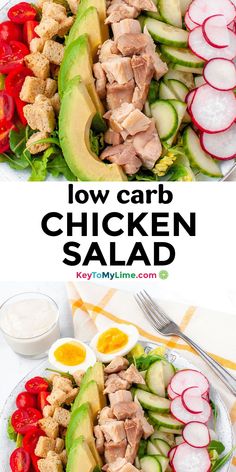 this low carb chicken salad is loaded with avocado, cucumbers, tomatoes, and lettuce