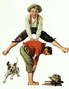 an illustration of a man on the back of another man's head with his legs spread out