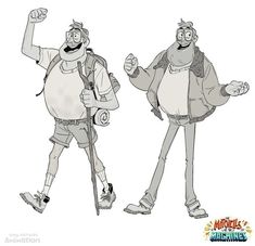 two cartoon characters with backpacks and walking sticks